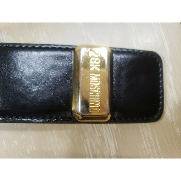 Vintage Moschino 28K Gold Redwall Italy Black Leather Belt Women\'s 28\